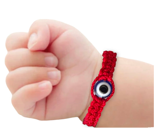 red baby evil eye bracelet with blue eye